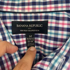 Banana Republic Men's Blue and Pink Plaid Shirt